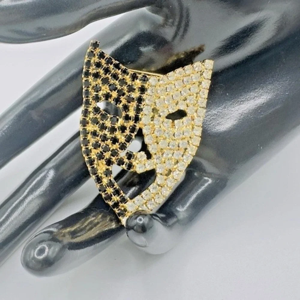 Siluane Mask Brooch Rhinestone Gold Tone Black Clear Crystal Theatrical Mask Pin